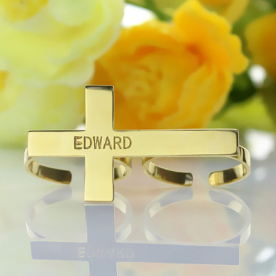 Engraved Name Two finger Cross Ring 18ct Gold Plated - Handcrafted & Custom-Made
