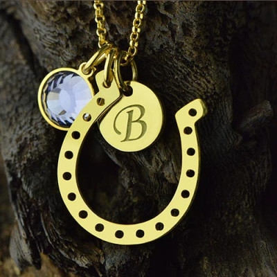 Birthstone Horseshoe Lucky Necklace with Initial Charm 18ct Gold Plate  - Handcrafted & Custom-Made