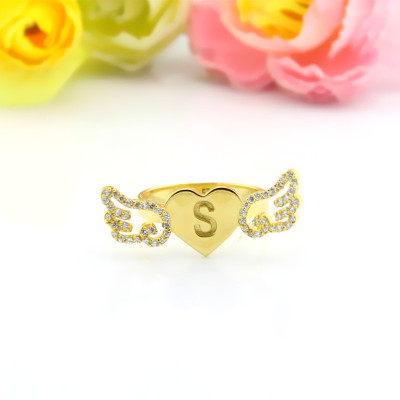 Angel Wings Heart Ring with Birthstone  Initial 18ct Gold Plated  - Handcrafted & Custom-Made