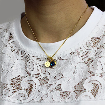 Custom Double Discs Initial Necklace with Birthstones In Gold  - Handcrafted & Custom-Made
