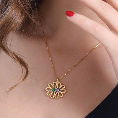 Personalised Double Flower Pendant with Birthstone 18ct Gold Plated Silver  - Handcrafted & Custom-Made