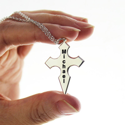 Silver Conical Shape Cross Name Necklace - Handcrafted & Custom-Made