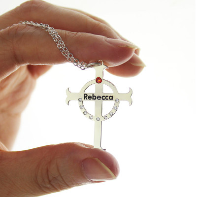 Personalised Circle Cross Necklaces with Birthstone  Name Silver  - Handcrafted & Custom-Made