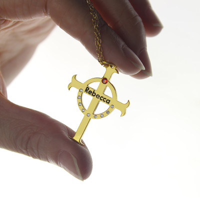 Circle Cross Necklaces with Birthstone  Name 18ct Gold Plated Silver  - Handcrafted & Custom-Made