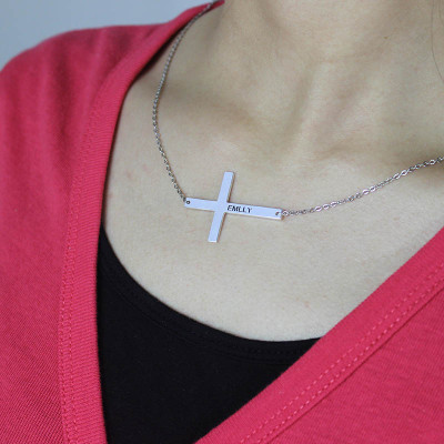 Silver Latin Cross Necklace Engraved Name 1.25" - Handcrafted & Custom-Made