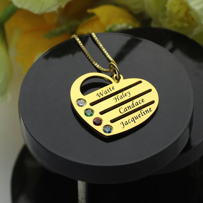 18ct Gold Plated Mothers Birthstone Heart Necklace Engraved Names  - Handcrafted & Custom-Made