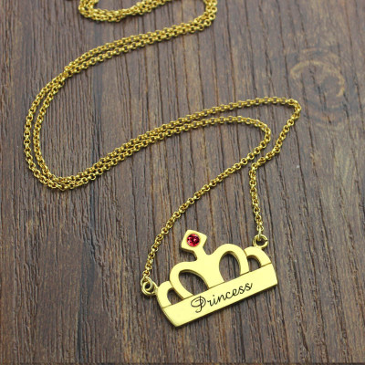 Princess Crown Charm Necklace with Birthstone  Name 18ct Gold Plated  - Handcrafted & Custom-Made