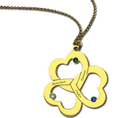 Birthstone Triple Heart Necklace Engraved Name in 18ct Gold Plated  - Handcrafted & Custom-Made