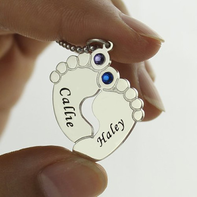 Personalzied Baby Feet Name Necklace with Birthstone Silver  - Handcrafted & Custom-Made