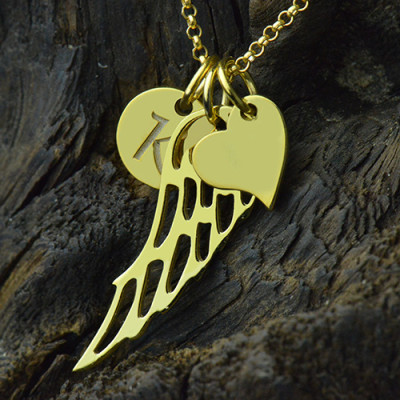 Good Luck Angel Wing Necklace with Initial Charm 18ct Gold Plated - Handcrafted & Custom-Made