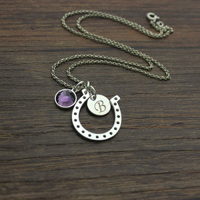 Horseshoe Good Luck Necklace with Initial  Birthstone Charm  - Handcrafted & Custom-Made