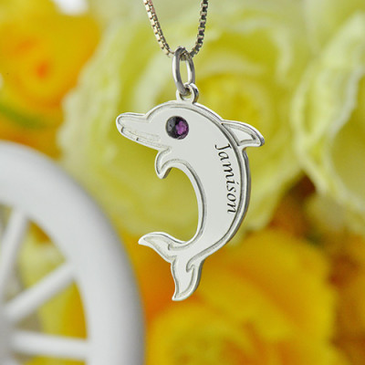 Dolphin Necklace with Birthstone  Name Sterling Silver  - Handcrafted & Custom-Made