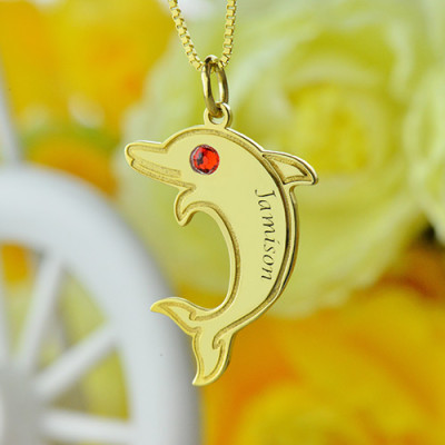 Dolphin Pendant Necklace with Birthstone  Name 18ct Gold Plated  - Handcrafted & Custom-Made