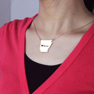 Custom AR State USA Map Necklace With Heart  Name Rose Gold - Handcrafted & Custom-Made