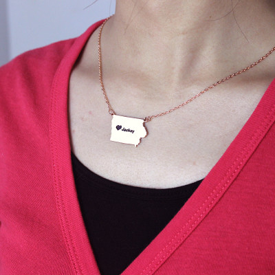 Iowa State USA Map Necklace With Heart  Name Rose Gold - Handcrafted & Custom-Made
