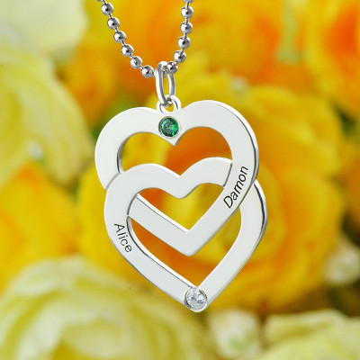 Personalised Double Heart Necklace Engraved Name Sterling Silver - Handcrafted & Custom-Made