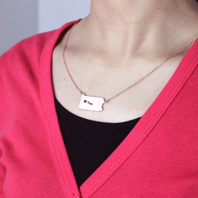 Personalised PA State USA Map Necklace With Heart  Name Rose Gold - Handcrafted & Custom-Made