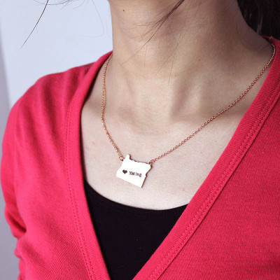 Custom Oregon State USA Map Necklace With Heart  Name Rose Gold - Handcrafted & Custom-Made