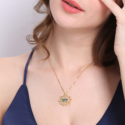 Personalised Double Flower Pendant with Birthstone 18ct Gold Plated Silver  - Handcrafted & Custom-Made