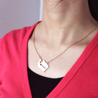 Washington State USA Map Necklace With Heart  Name Rose Gold - Handcrafted & Custom-Made