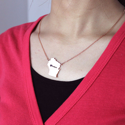 Custom Wisconsin State Shaped Necklaces With Heart  Name Rose Gold - Handcrafted & Custom-Made