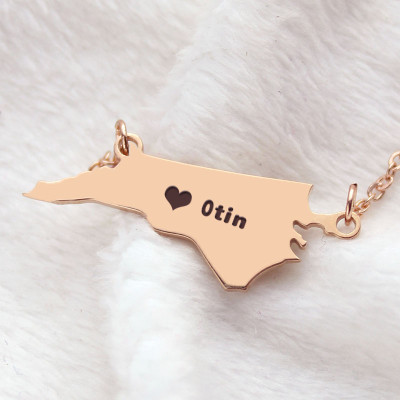 Personalised NC State USA Map Necklace With Heart  Name Rose Gold - Handcrafted & Custom-Made