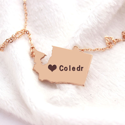 Washington State USA Map Necklace With Heart  Name Rose Gold - Handcrafted & Custom-Made