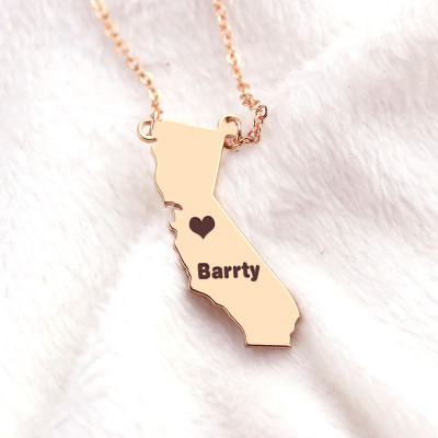 California State Shaped Necklaces With Heart  Name 18ct Rose Gold Plated - Handcrafted & Custom-Made