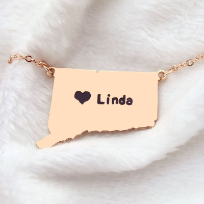 Connecticut Connecticut State Shaped Necklaces With Heart  Name Rose Gold - Handcrafted & Custom-Made