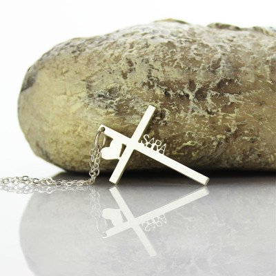 Personalised Silver Cross Name Necklace with Heart - Handcrafted & Custom-Made