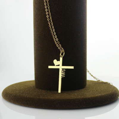 Personalised 18ct Gold Plated Silver Cross Name Necklace with Heart - Handcrafted & Custom-Made