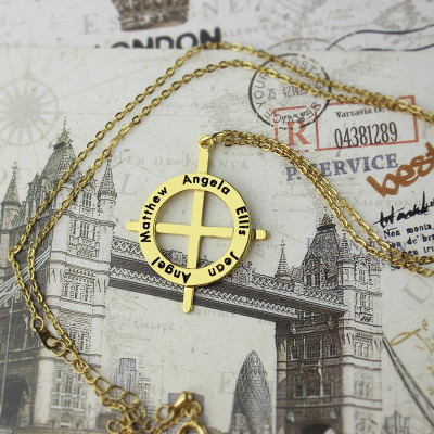 Gold Plated Silver Latin Style Circle Cross Necklace with Any Names - Handcrafted & Custom-Made