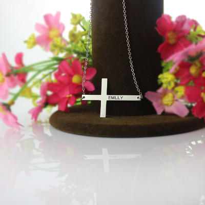 Engraved Silver Latin Cross Name Necklace 1.6" - Handcrafted & Custom-Made