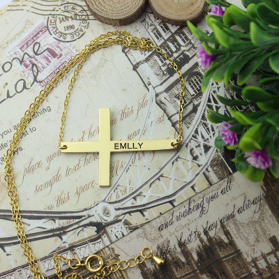 18ct Gold Plated Silver Latin Cross Necklace Engraved Name 1.25" - Handcrafted & Custom-Made