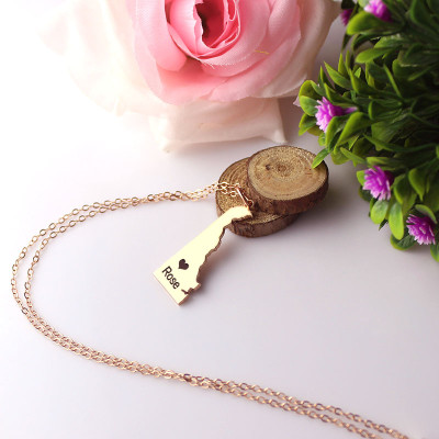 Custom Delaware State Shaped Necklaces With Heart  Name Rose Gold - Handcrafted & Custom-Made