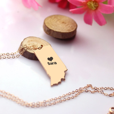 Custom Indiana State Shaped Necklaces With Heart  Name Rose Gold - Handcrafted & Custom-Made
