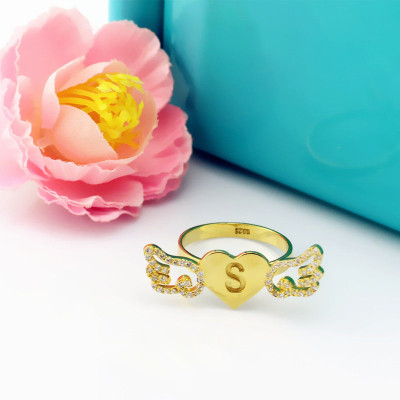 Angel Wings Heart Ring with Birthstone  Initial 18ct Gold Plated  - Handcrafted & Custom-Made