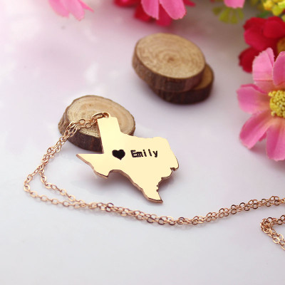 Texas State USA Map Necklace With Heart  Name Rose Gold - Handcrafted & Custom-Made