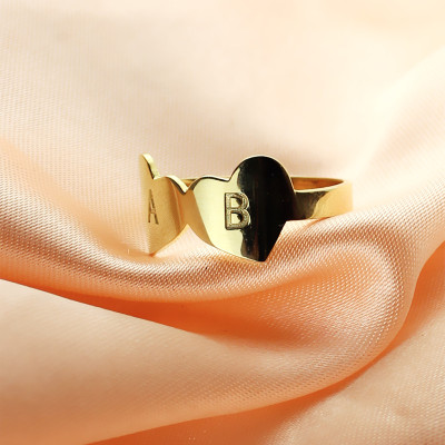Custom Double Heart Ring Engraved Letter 18ct Gold Plated - Handcrafted & Custom-Made