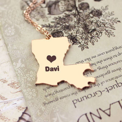 Custom Louisiana State Shaped Necklaces With Heart  Name Rose Gold - Handcrafted & Custom-Made