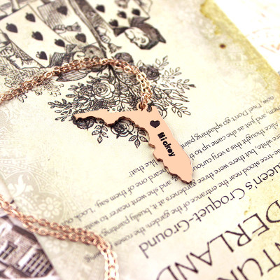 Custom Florida State USA Map Necklace With Heart  Name Rose Gold - Handcrafted & Custom-Made
