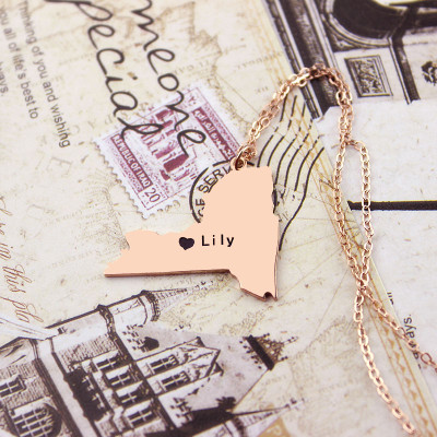 Personalised NY State Shaped Necklaces With Heart  Name Rose Gold - Handcrafted & Custom-Made