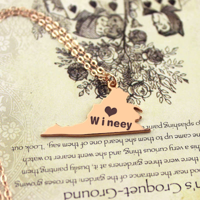 Virginia State USA Map Necklace With Heart  Name Rose Gold - Handcrafted & Custom-Made