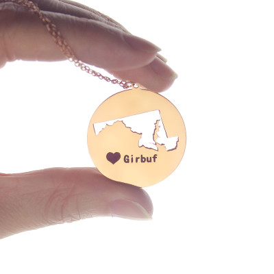 Custom Maryland Disc State Necklaces With Heart  Name Rose Gold - Handcrafted & Custom-Made