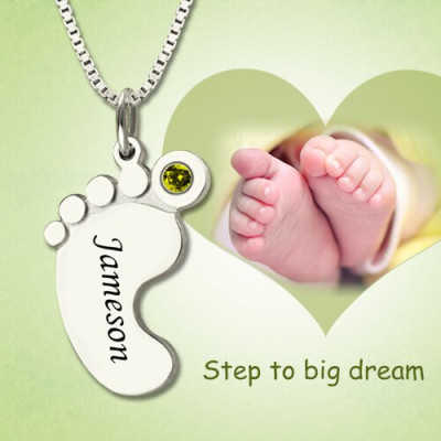 Personalised Mothers Baby Feet Necklace with birthstone  Name  - Handcrafted & Custom-Made