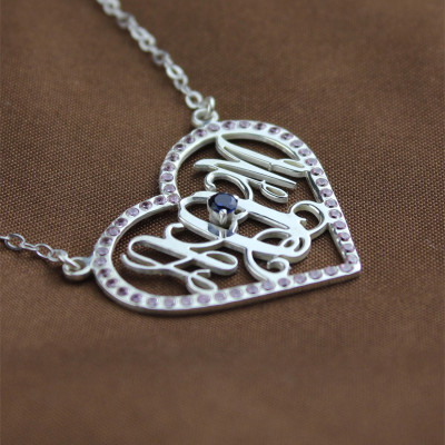Sterling Silver Heart Birthstone Monogram Necklace  - Handcrafted & Custom-Made