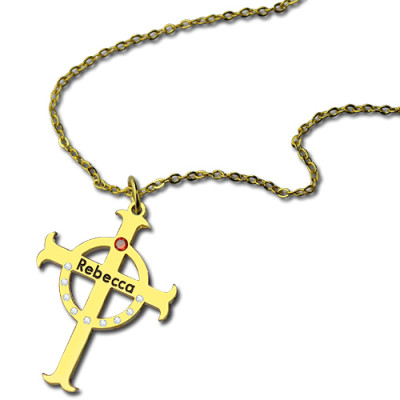 Circle Cross Necklaces with Birthstone  Name 18ct Gold Plated Silver  - Handcrafted & Custom-Made