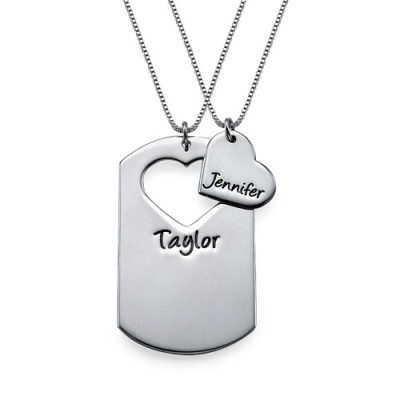 Couples Dog Tag Necklace With Cut Out Heart - Handcrafted & Custom-Made