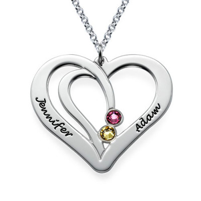 Engraved Couples Birthstone Necklace in Silver  - Handcrafted & Custom-Made