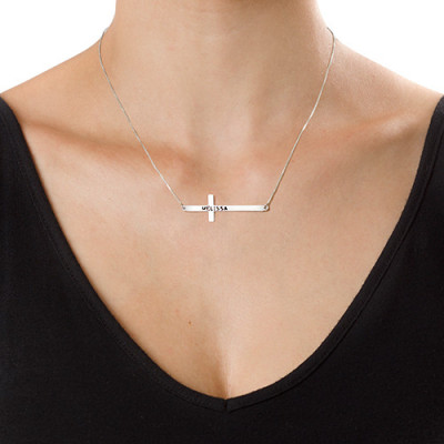 Engraved Silver Sideways Cross Necklace - Handcrafted & Custom-Made